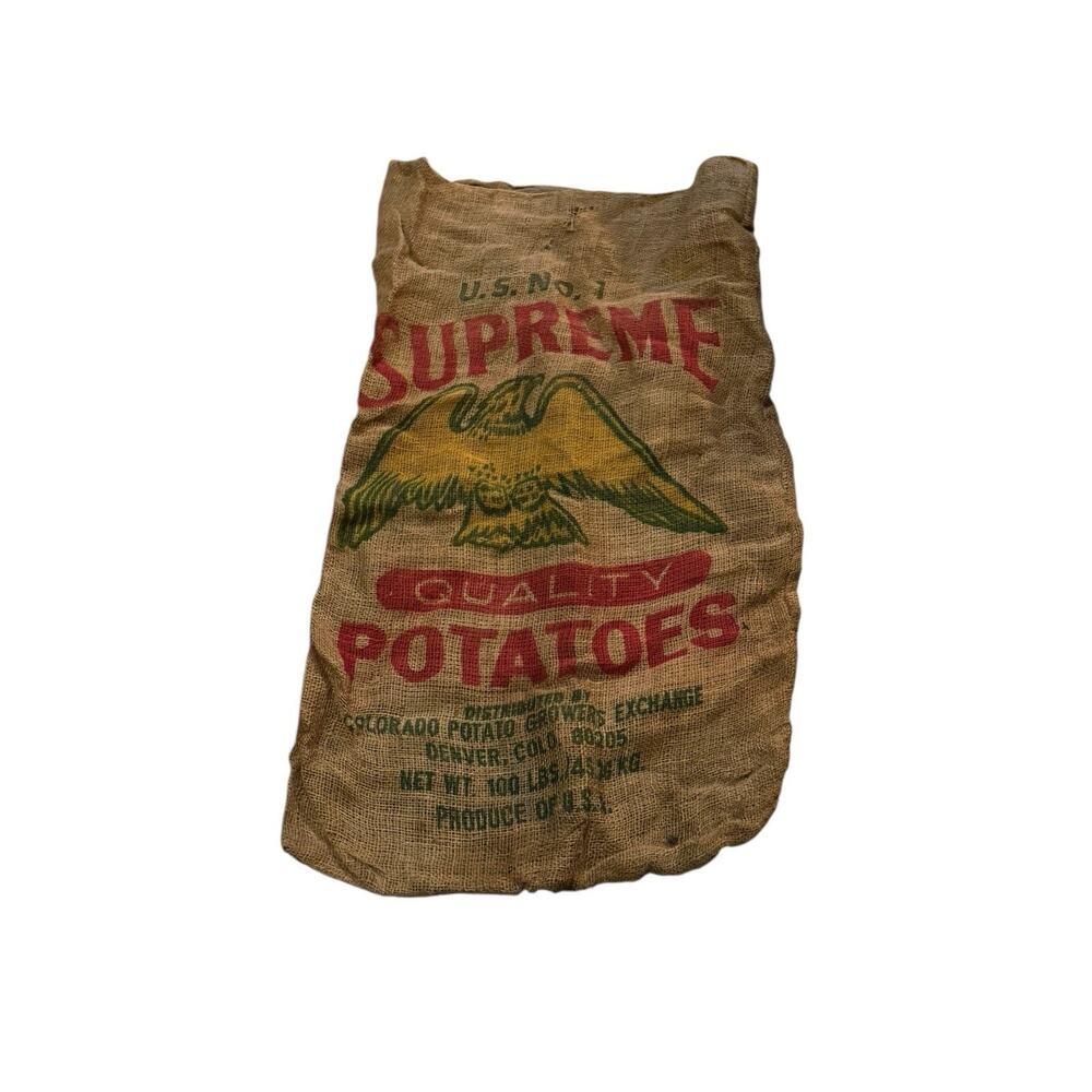 VTG Burlap Potato Sack U.S. No.1 Supreme Quality Eagle Graphic Colorado 100 lb‎
